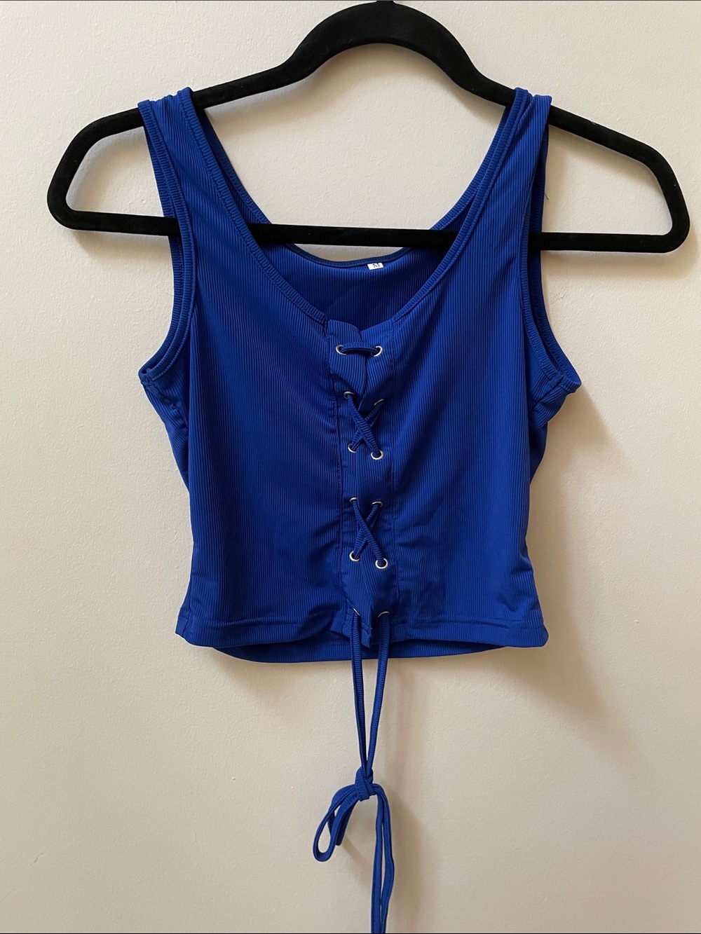 Blue Lace-Up Ribbed Tank Top